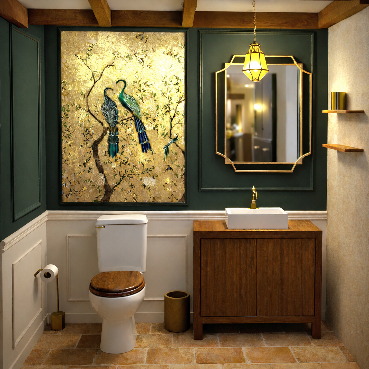 Simulation des toilettes du bas avec boiseries vertes, mobilier en bois et décor aux paons